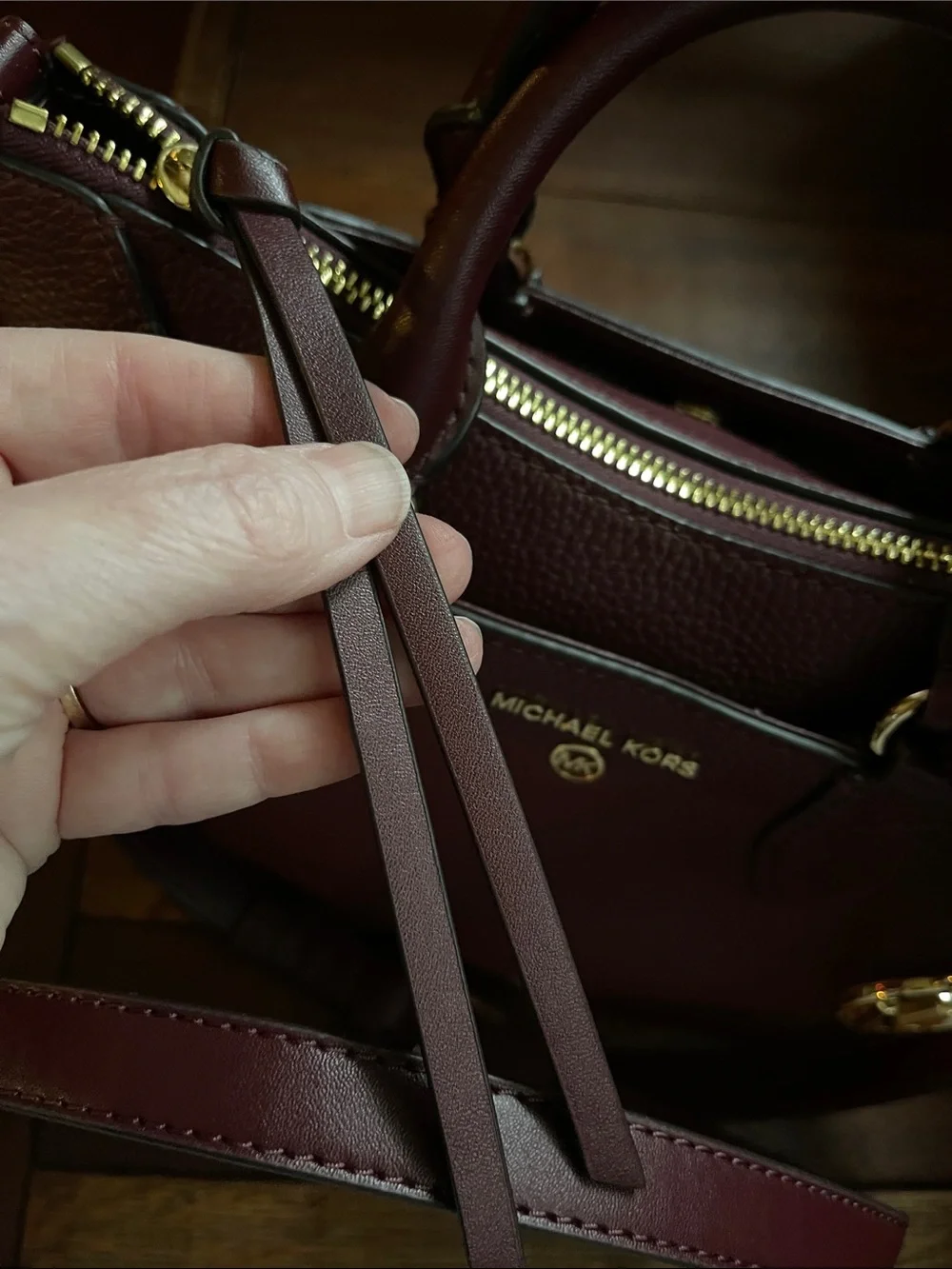 NWOT MICHAEL KORS Small Burgundy Pebbled Leather Satchel with Gold Hardware